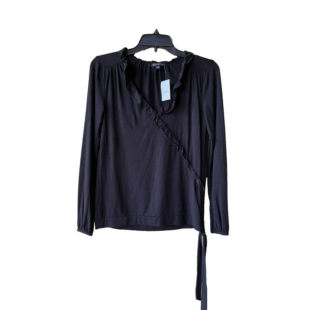 J Crew Mercantile women Black Ruffle Neck Side Tie Long Sleeve Knit Top size XXS